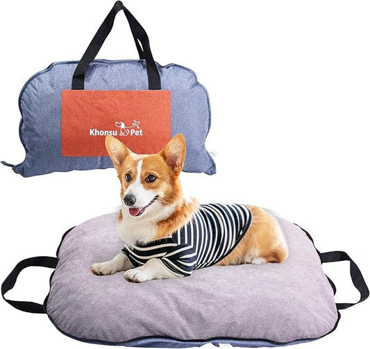 Portable Waterproof Dog Mat for Camping, Patio & Travel - Foldable Outdoor Dog Bed with Teflon Shell & Removable Plush Pad - Easy Clean, Durable - M (Denime Blue)