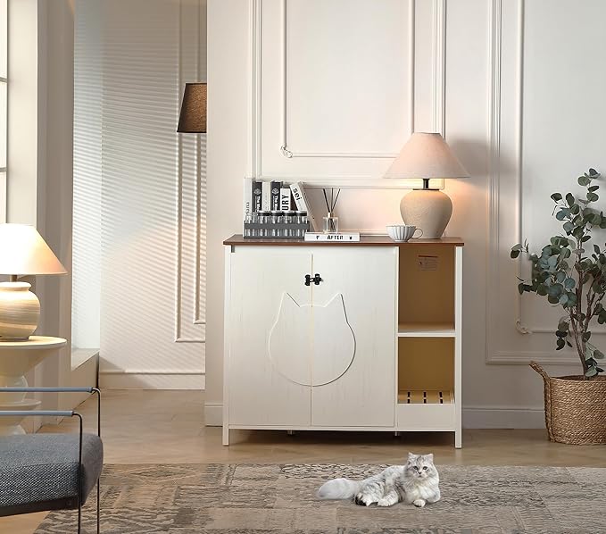 Cat-Faced Doors Cat Litter Robot Enclosure,Automatic Litter Box Enclosure for Litter Robot 3/4,Power Outlet for cat Litter Cabinet,Litter Collector,Dog-Proof Shelf,Antique White