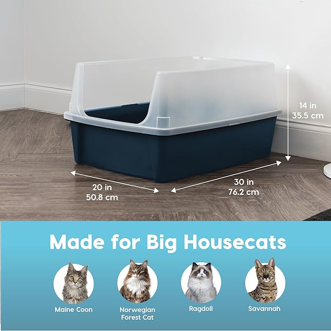 IRIS USA XX-Large Cat Litter Box, Open Top Extra Large Litter Box for Big Cats and Multi-Cat Households, High Sided Scatter Shield, Easy to Clean, 30" L x 20" W x 14" H, Navy