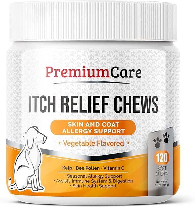 PREMIUM CARE Itch Relief for Dogs - 120 Allergy Chews for Dogs - Anti Itch Seasonal Support for Pets Itchy Skin Relief Skin Health Support with Colostrum, Vitamin C, Omega and Bee Pollen