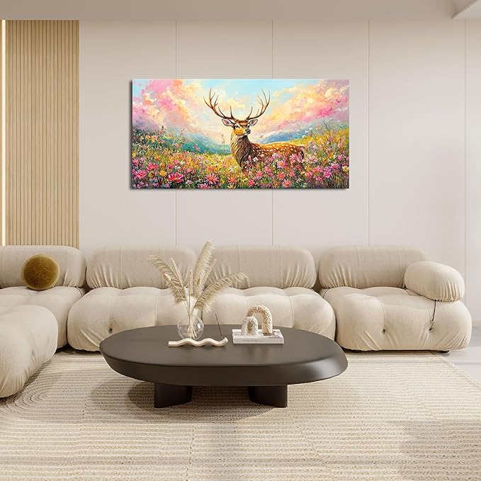 Deer Large Wall Art Wildflower Landscape Pictures Rustic Flowers Wall Decor Wild Animal Nature Canvas Print Painting Artwork for Bathroom Living Room Bedroom 30"x60"