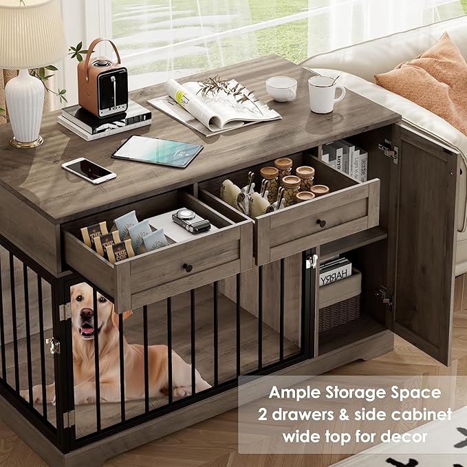 Dog Crate Furniture Kennel with Double Doors Wooden Pet House with 2 Drawers and Storage Cabinet, Indoor Dog Cage Farmhouse Modern Side End Table for Small Medium Dogs, Rustic