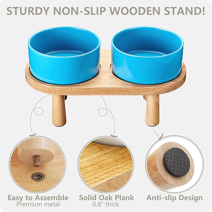Ceramic Elevated Dog Bowls, Pet Food and Water Bowl Set for Large Dogs, 7.5 Cups Dog Bowls Raised with Wood Stand, 61OZ, Blue