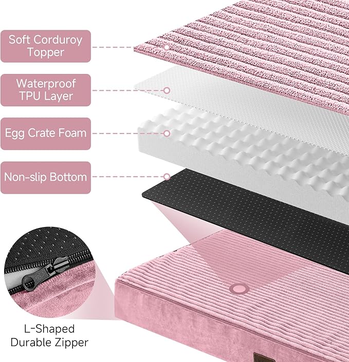 OhGeni Orthopedic Waterproof & Machine Washable Dog Bed for Medium Large Pets, Suitable for Crates, 25D Egg Crate Foam, Non-Slip Bottom & Removable Cover, Invisible Zipper, 35 Inches(Pink)