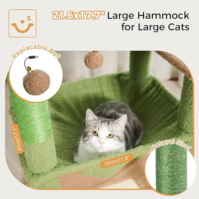 54” Cat Tree for Large Cats Big Cat Tower with Enlarged Hammock 21.6x17.7” Spacious Cats Condo House, Roomy Top Bed,Multiple Scratch Posts and Pad for Indoor Adult Cats (Green, Large-54)