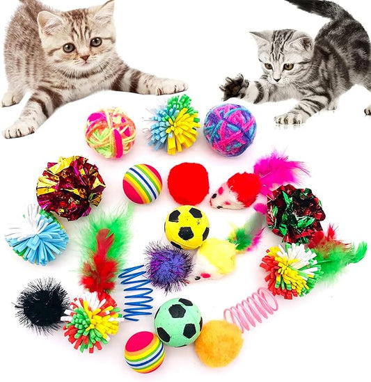 PET SHOW 20Pcs Cats Toys Interactive Kitten Ball Toys Assortments Variety Pack for Indoor Cats Mice Feather Sparkle Crinkle Ball Bells Spring