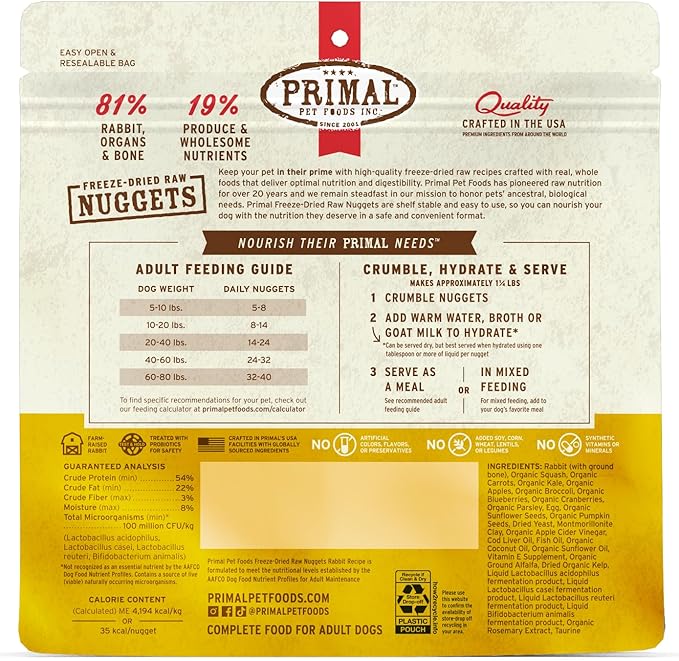 Primal Freeze Dried Raw Dog Food Nuggets, Rabbit, Complete & Balanced Meal, Also Use as Topper or Treat, Premium, Healthy, Grain Free, High Protein Raw Dog Food, 5.5 oz