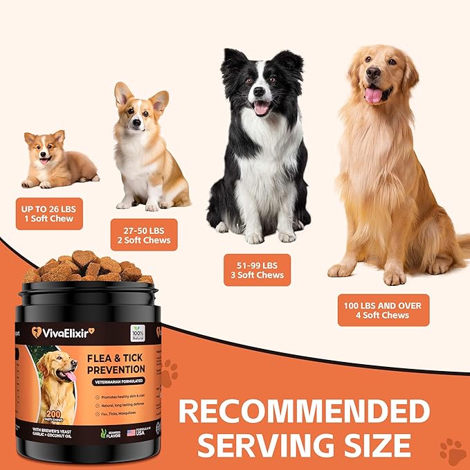 Flea and Tick Prevention for Dogs – 200 Soft Chews - Dog Flea and Tick Treatment & Oral Flea Pills – Skin & Coat Health - Made in USA - for Small, Medium, Large Dogs