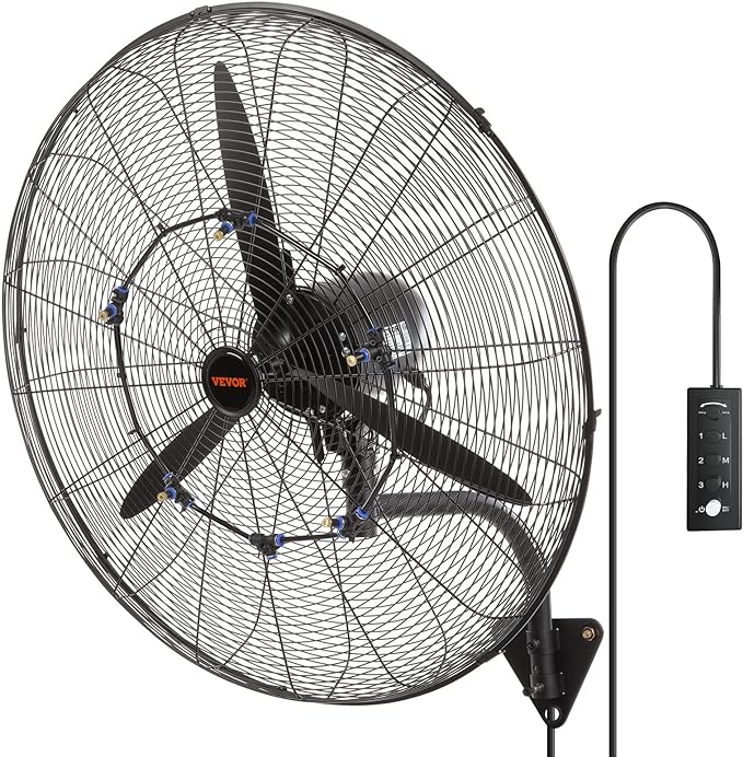 VEVOR 30 Inch Wall-Mount Misting Fan, 3-speed IP44 Waterproof Oscillating, Max. 9500 CFM Wall Mounted Fan for Outdoor, Commercial, Residential, Greenhouse, Workshop, Patio, Black, ETL Listed