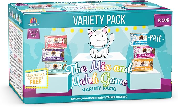 Weruva Wet Cat Food, The Mix and Match Game Pate Variety Pack, 3oz Can, Pack of 18