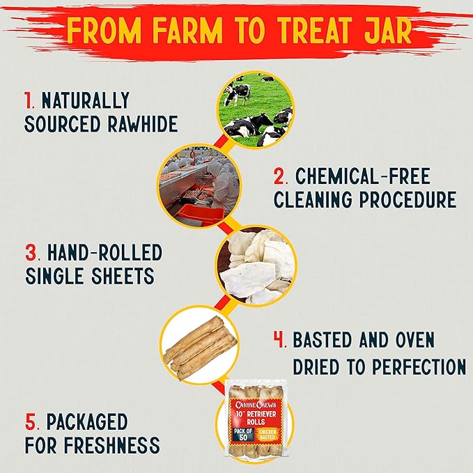 Canine Chews 10" Chicken Basted Dog Rawhide Retriever Rolls (50 Pack) - Natural Beef Dog Rawhide Chews - Healthy Dental Chews