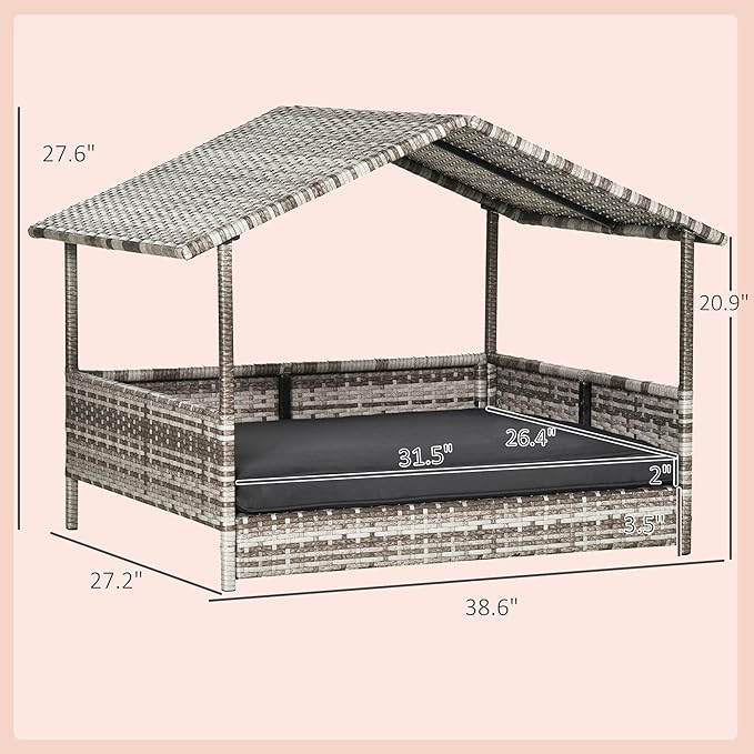 PawHut Wicker Dog House Outdoor with Canopy, Rattan Dog Bed with Water-Resistant Cushion, Raised Dog Bed for Small, Medium Dogs up to 66 lbs, 19.75" in Length, Gradient Gray Wicker & Cushion