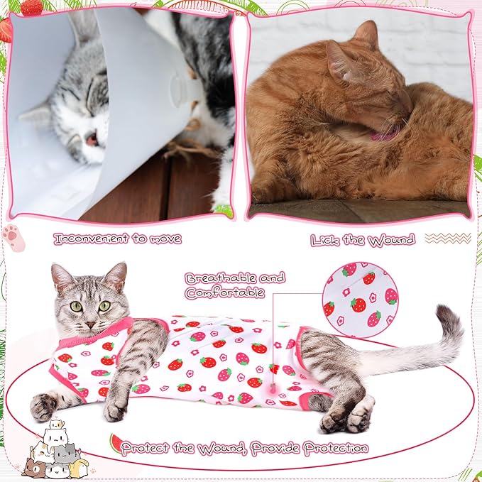 Nuanchu 3 Pieces Cat Recovery Suit Kitten Recovery Suit E-Collar Alternative for Cats and Dogs Abdominal Skin Anti Licking Pajama Clothes Sets(Strawberry Pattern,Medium)