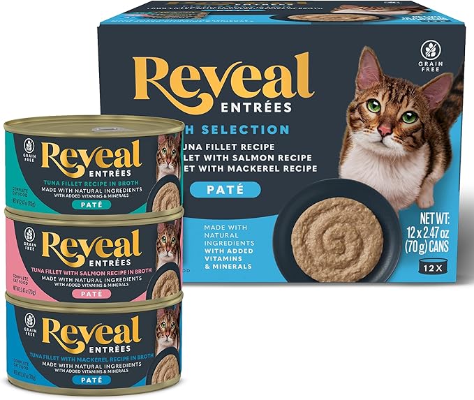 Reveal Entrées Natural Wet Cat Food Paté, Grain-Free with Added Vitamins & Minerals, Carrageenan-Free Fish Variety Selection Paté (12 x 2.47 oz Cans)