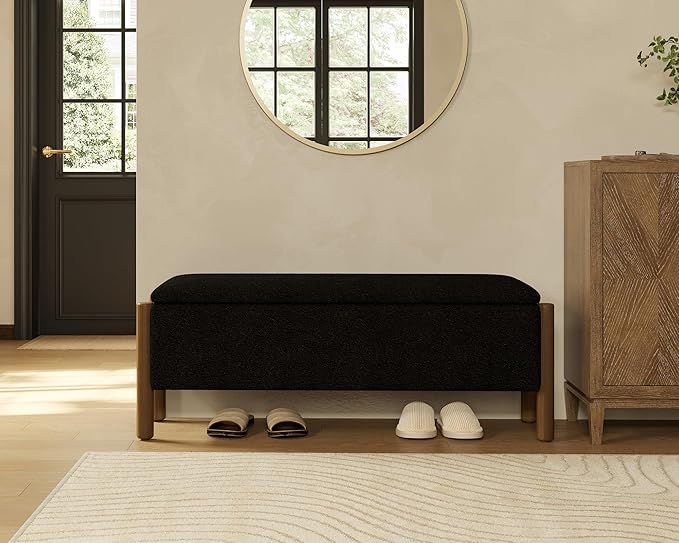Storage Ottoman Bench, End of Bed Bench for Bedroom, 47" Boucle Upholstered Entryway Shoe Seat Benchs, Holds up to 660 lb Storage Ottoman, Padded Blanket Chest Stool Foot Rest for Living Room Black