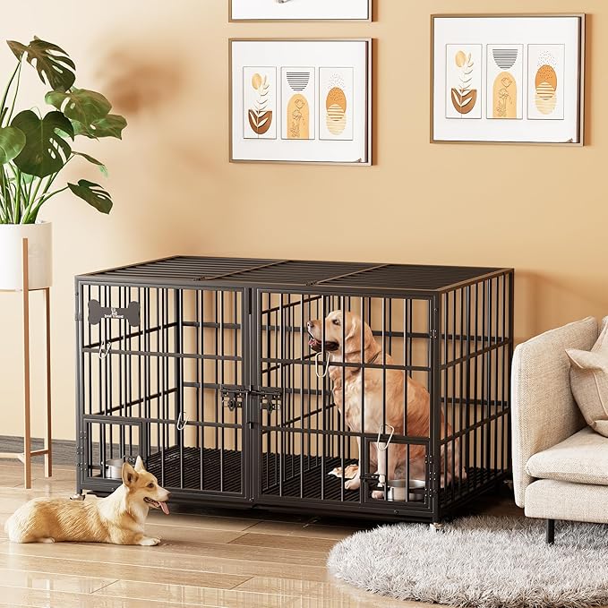 54 inch XL Dog Crate for Large Dog/Double Medium Dogs,Heavy Duty Metal Dog Cages,All Metal Open Top,Dog Kennel Indoor with Wheels,Floor Grid, Tray, Divider and Feeding Bowl
