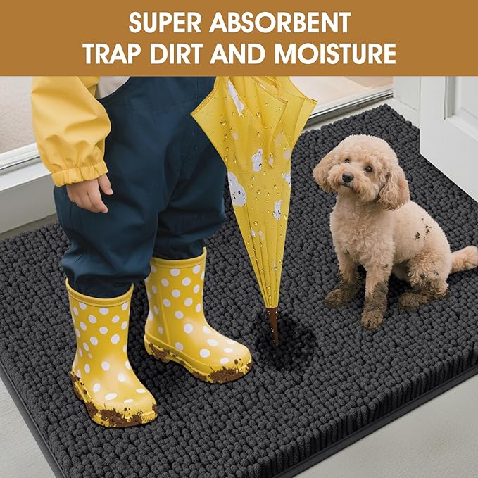 IM HOME 4 Pieces Muddy Door Mats for Dogs, Chenille Absorbent Pet Mats, Quick Dry, Trap Dirt Non Slip Heavy Indoor Doormat Soft Dog Bed Mat Front Inside Door Mat for Indoor Outdoor Entrance,Dark Grey