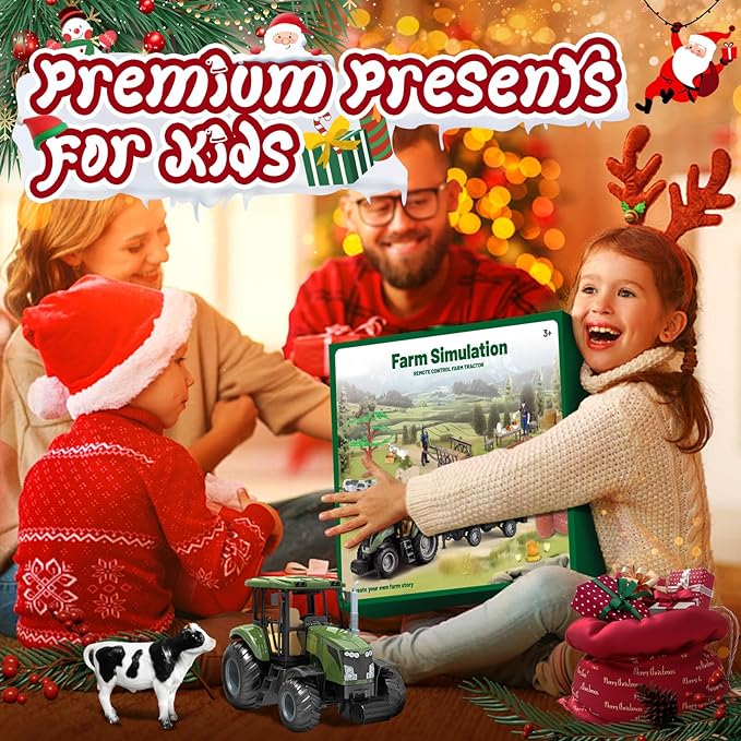 Remote Control Tractor with Trailer - Farm Toys Set Including Animals, Fruits, Vegetables, and Farmer Figures, Toddlers Farm Vehicle Toys for 3 4 5 6 7 8 9 Year Old Boys Girls Birthday Gifts