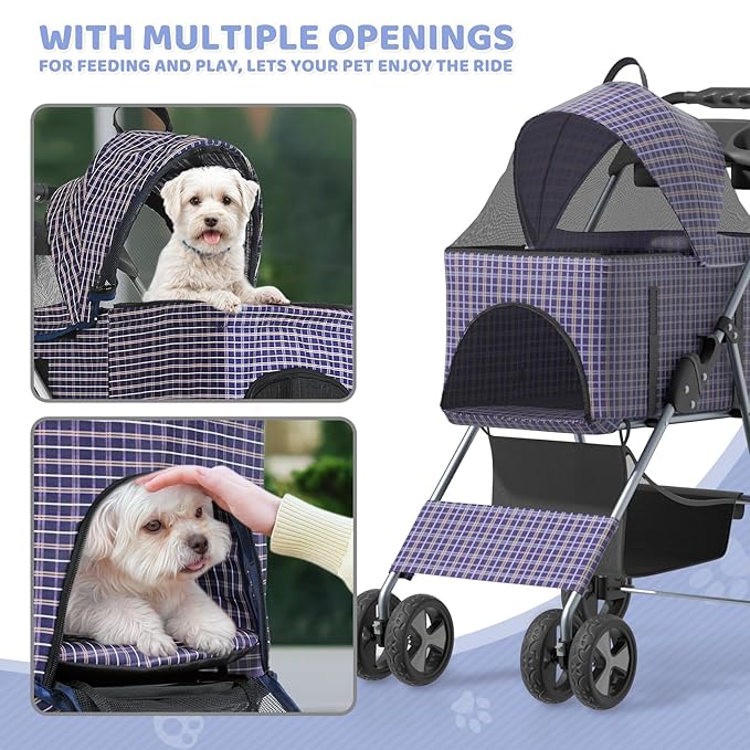Magshion Foldable Pet Stroller, 3-in-1 Dog Travel Jogger with Detachable Carrier, Cup Holder, Storage Basket, Folding Carrier for Small/Medium Dogs & Cats Up to 33 lbs, Plaid