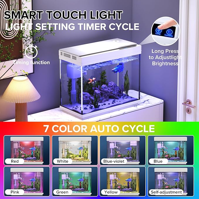 Fish Tank 2.4 Gallon Aquarium Kit with Humidifier 7-Color Auto-Looping 3 in 1 Quiet Pump with Filteration & Oxygenation & Circulation, Temperature Display, HD Glass