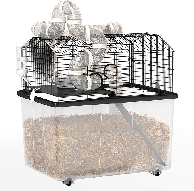 PawHut Large Hamster Cage with 12" Deep Tray, 2 Tier Gerbil Cage with Tube System, Water Bottle, Ramp, Feeding Bowl, 23" x 17" x 22", Black