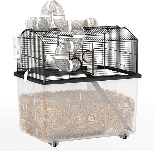 PawHut Large Hamster Cage with 12" Deep Tray, 2 Tier Gerbil Cage with Tube System, Water Bottle, Ramp, Feeding Bowl, 23" x 17" x 22", Black