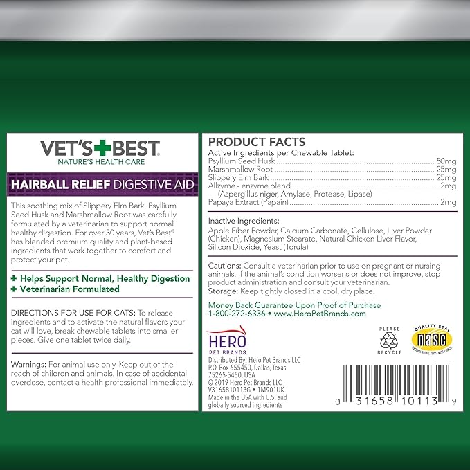 Vet’s Best Cat Hairball Relief Digestive Aid, Vet Formulated Hairball Support Remedy, Hairball Relief for Cats, Classic Chicken Flavor, 180 Chewable Tablets
