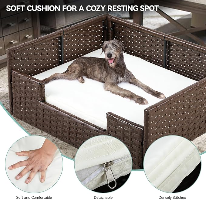 YITAHOME Rattan Dog Sofa Bed with Cushion, Wicker Pet Bed Sofa Couch Indoor Outdoor Waterproof for Large Medium Small Dogs Cats (34.6''L*23.6''W*11.8''H,Beige)