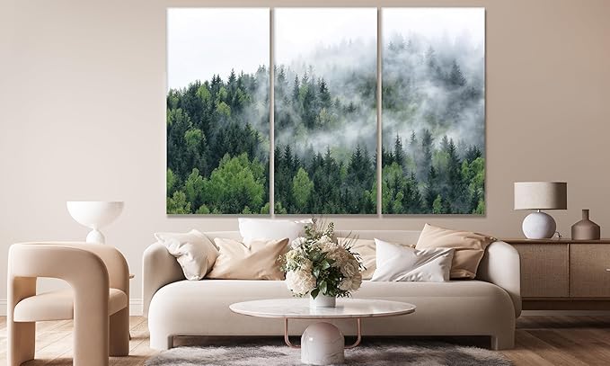 Nature Wall Art Prints - Ocean Forest Mountain Lake Canvas Landscapes - Small to Extra Large Living Room Bedroom Kitchen Bathroom Décor (Pine Trees in Fog, 39L" x 59W" - 3 Panels)