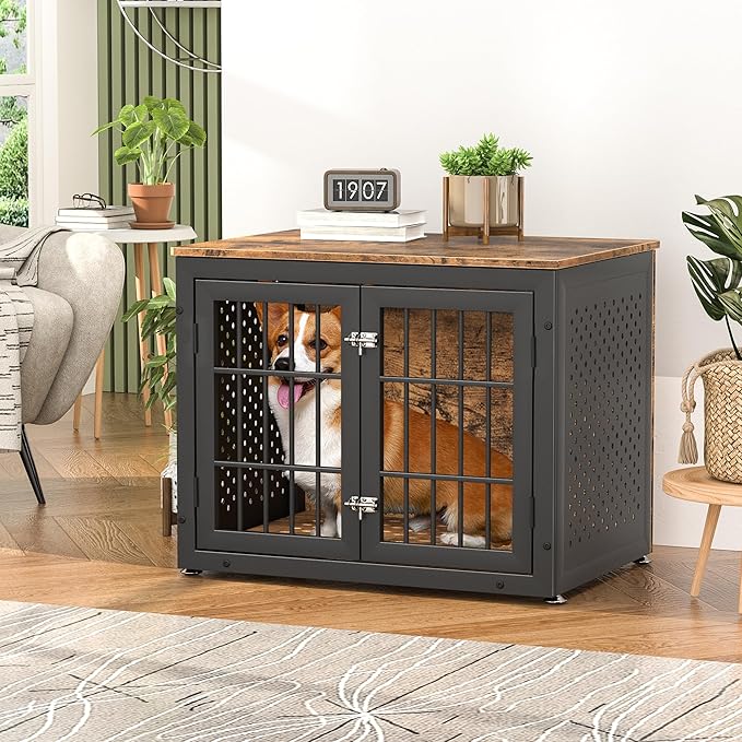 32" Heavy Duty Dog Crate Furniture for Small and Medium Dogs, Metal Kennel for High Anxiety Dogs, Chew Proof Pet Cage Indoor, Decorative Dog Kennel End Table