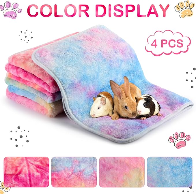 Reginary 4 Pcs Waterproof Guinea Pig Blankets Washable Small Animal Fleece Bedding Absorbent Guinea Pig Cage Liners Reusable Pet Pee Pad Sleep Mat for Hamster Ferret(Tie Dye Pattern,12 x 12 Inch)