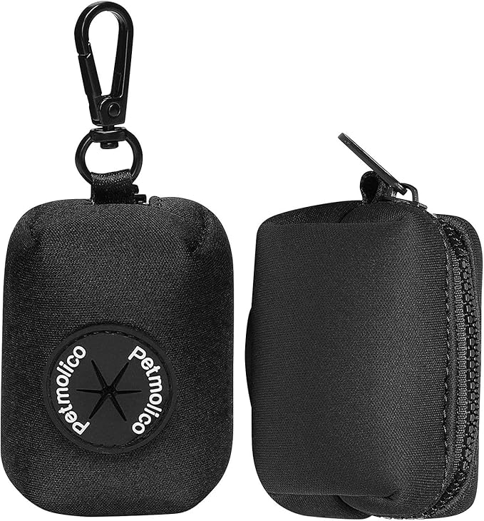 Petmolico Dog Poop Bag Holder Leash Attachment, Dog Waste Bag Dispenser Zippered Pouch, Fits Any Puppy Leash, Includes Free Roll of Poop Bags, Poop Bag Dispenser - 2 Pack, Black
