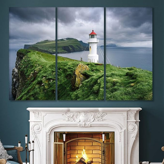 Nature Wall Art Prints - Ocean Forest Mountain Lake Canvas Landscapes - Small to Extra Large Living Room Bedroom Kitchen Bathroom Décor (Stormy Sky Lighthouse, 31L" x 47W" - 3 Panels)