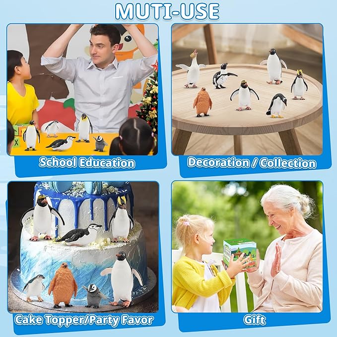 Toymany 12PCS Realistic Penguin Figurines, Plastic Polar Antarctic Animal Figures Set with Penguin Cub, Easter Eggs Cake Toppers Christmas Birthday Gift for Kids Toddlers