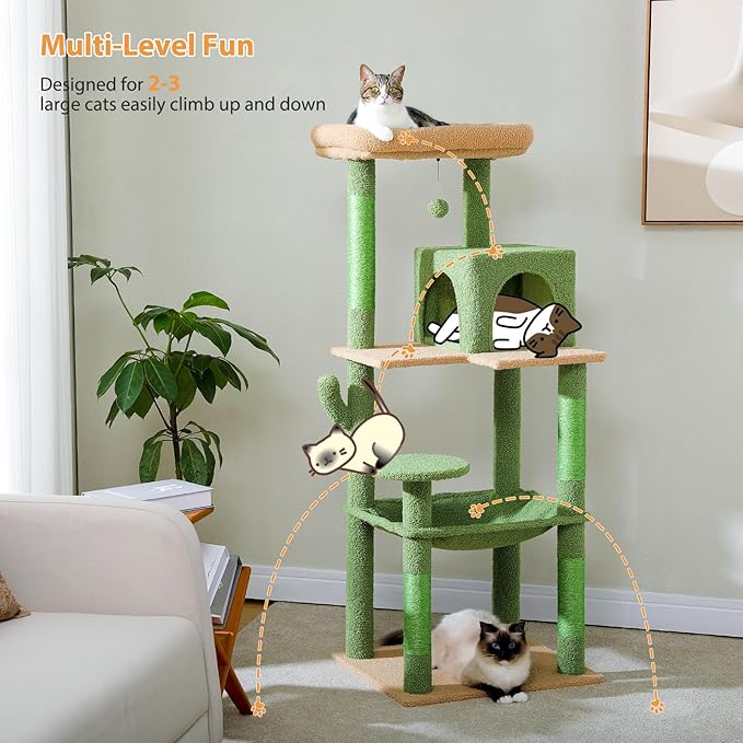 PETEPELA 56.3'' Tall Cat Tree for Indoor Cats, Cactus Cat Tower with Super Large Hammock (20''X16''), Sisal Covered Scratching Posts, Cozy Condo and Top Perch Green