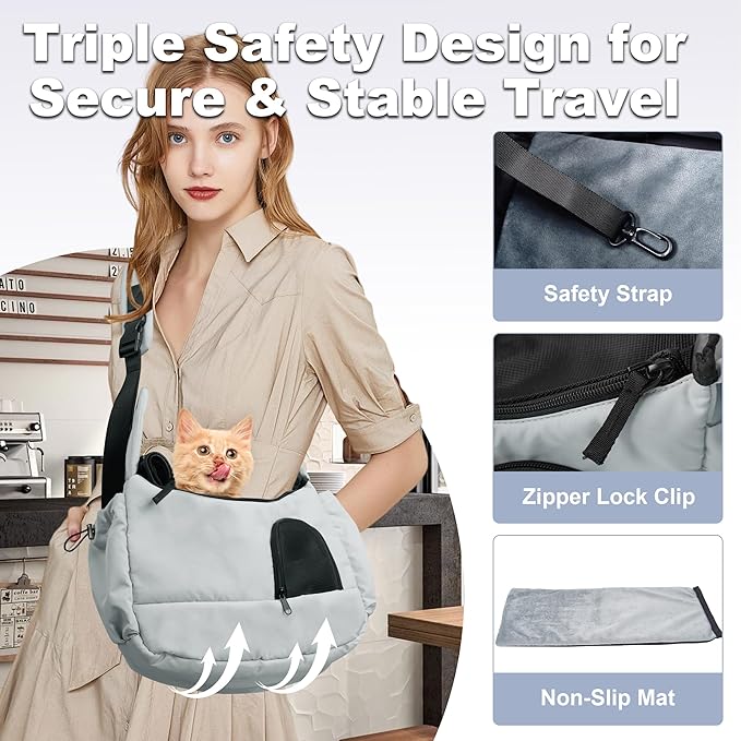 Cat Sling, Dog Carriers for Small Dogs up to 8.8 lbs Kitten and Puppy, Breathable Cats Carrier Pouch Pet Purse with Pockets, Hands-Free Pet Carrier with Safety Harness for Travel, Gray