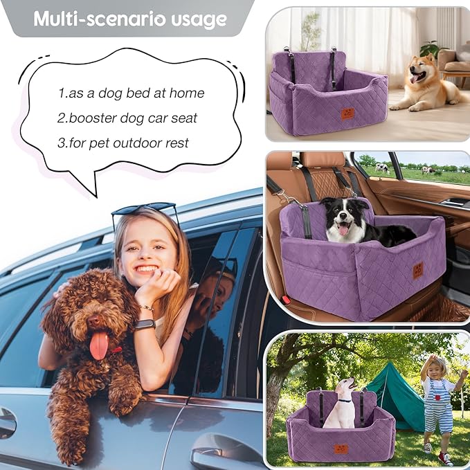 Dog Car Seat for Medium/Large Dogs, Dog Booster Seat for Pet Under 50lbs or 2 Small, Detachable and Washable Pet Car Seat,Multi-Functional Pet Travel Bed for Backseat(Purple)