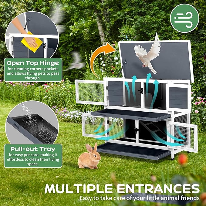 2 Story Solid Wood Rabbit/Bunny Hutch with 2 Large Main Rooms, Indoor Outdoor Rabbit House Guinea Pig Cage Pet House for Small Animals with Ventilation Door Removable Tray Waterproof Roof (Grey)