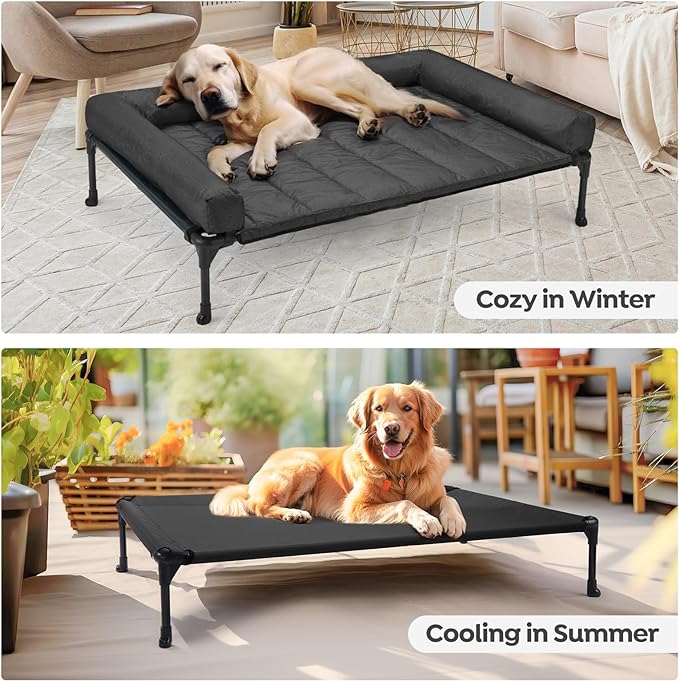 Veehoo Cooling Elevated Dog Bed Add Removable Waterproof Bolster Cushion Mat, Raised Pet Cot with Breathable Teslin Mesh, No-Slip Feet, Dog Couch Bed for Indoor Outdoor, 42x30inches, Black, CWC2331B