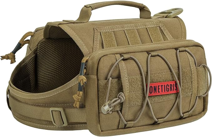 OneTigris Dog Backpack for Medium & Large Dogs, Nylon Backpack for Dogs Tactical Pet Backpack with Side Pockets for Hiking Walking Training Running (Brown, Large)