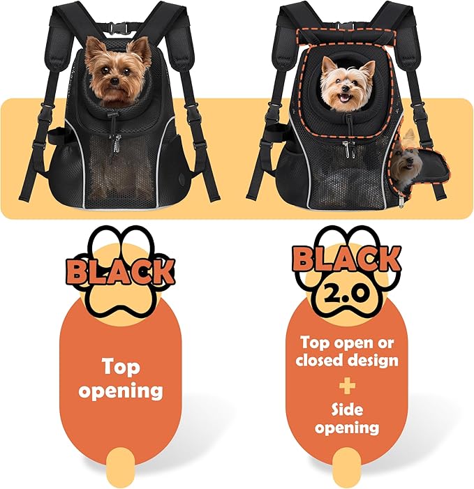 WOYYHO Pet Dog Carrier Backpack with Top and Side Windows, Small Dog Front Backpack Ventilated Mesh Dog Back Pack with Safety Belt for Travel Hiking Outdoor Adventures (Size M: 5-9 lbs, Black 2.0)