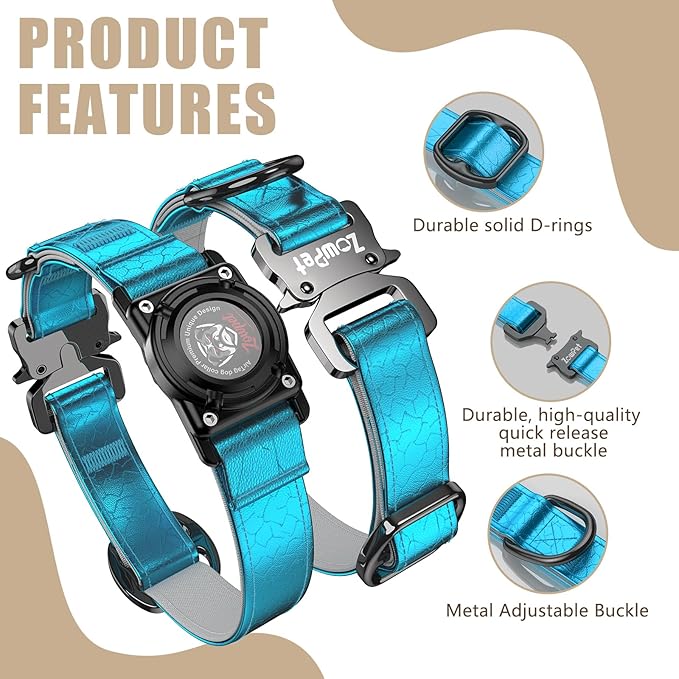 AirTag Dog Collar - Leather Dog Collar with Airtag Holder | IP68 Waterproof AirTag Holder with Metal Buckle, Comfortable GPS Dog Collars Tracker for Medium Large Dogs (Blue, L)