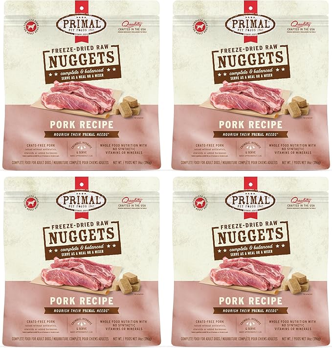 Primal Freeze Dried Raw Dog Food Nuggets, Pork, Complete & Balanced Meal, Also Use as Topper or Treat, Premium, Healthy, Grain Free, High Protein Raw Dog Food, 14 oz (Pack of 4)
