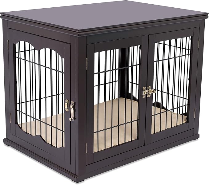 INTERNET'S BEST Decorative Dog Kennel with Pet Bed, Small Pet House, Double Door Indoor Crate, Engineered Wood & Wire Furniture, Side Table & Nightstand, Fits Small Dogs - Espresso