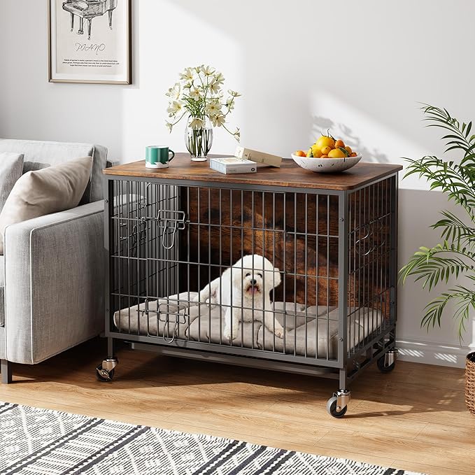 Dog Crate Furniture, 27.2" Small Dog Kennel Wooden Dog Crate with Pull-Out Tray, Double Doors, Modern End Table for Small/Medium Dogs, Grey