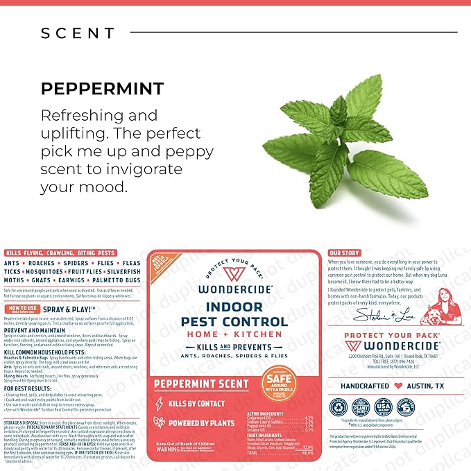 Wondercide - Indoor Pest Control Spray for Home and Kitchen - Ant, Roach, Spider, Fly, Flea, Bug Killer and Insect Repellent - with Natural Essential Oils - Pet and Family Safe— Peppermint 32 oz