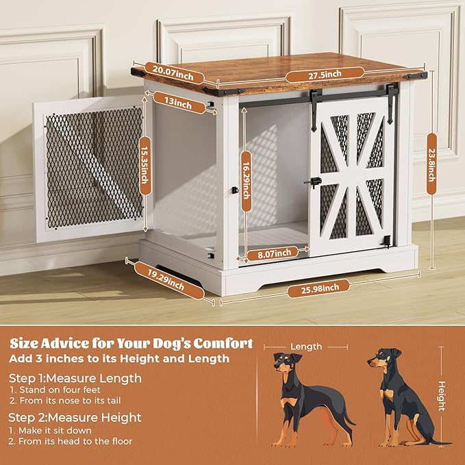 VOPEAK 27.5" Small Dog Crate Furniture, Chew Resistant Dog Crate for Puppy Dogs, Heavy Duty Small Dog Crate Dog Kennel Indoor with Double Doors, Wooden End Table for Bedroom Living Room, White