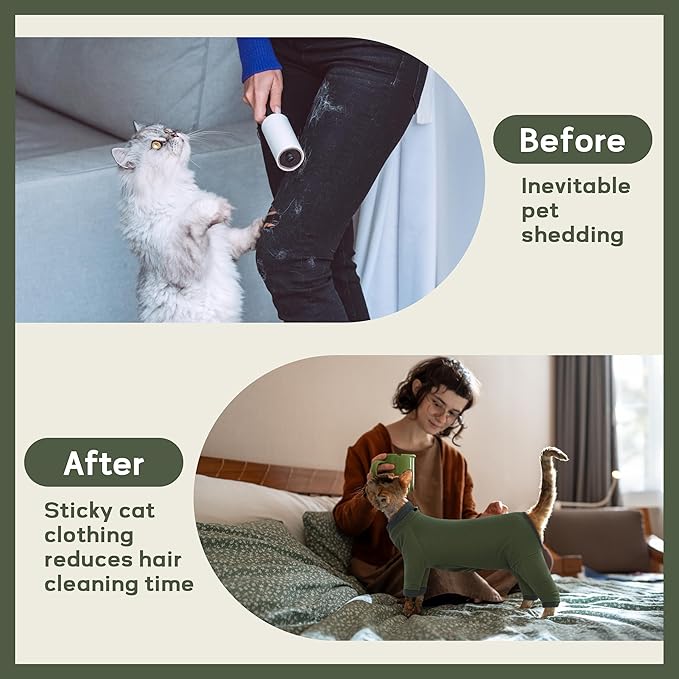 PUMYPOREITY Sticky Hair Cat Clothes, Prevent Hair Loss Cat Pajamas, Soft Cat Sweaters for Cats Only, Cat Hair Sticky Onesie, Cat Recovery Suit After Surgery, Green, L