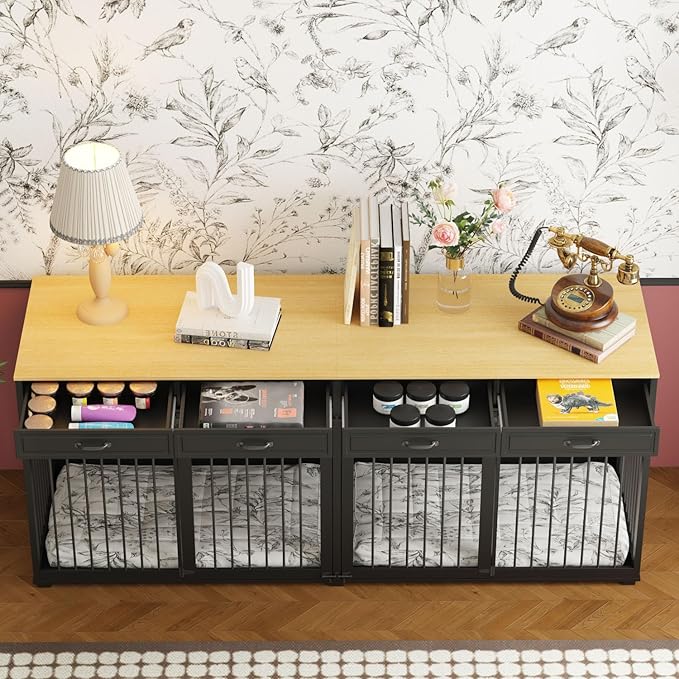 Extra Large Dog Crate with Double Rooms, 93" Heavy Duty Wooden Dog Cage Furniture Dog Crate Kennel w/Drawers & Removable Divider,Indoor Luxury Dog House for Large Dogs,Black