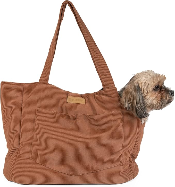 Corduroy Dog Carrier - Lightweight Cotton Soft-Sided Pet Tote with Safety Harness Clip - Breathable Travel Carrier for Small Dogs and Puppies (Brown)